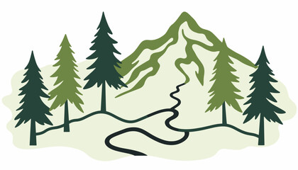 Obraz premium Minimalist hiking trail map illustration with trees and mountains, adventure