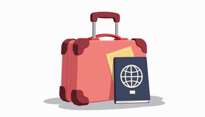 Travel essentials with suitcase, passport, and ticket on white background