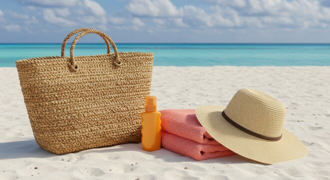 Beach Vacation Essentials: Straw Bag, Sun Hat, Sunscreen, and Towels on Tropical Sandy Shore
