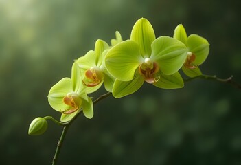 Fototapeta premium Photorealistic image of green Cymbidium orchid flowers on stem, elegant background fade.