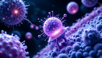 A vibrant microscopic depiction of viruses and cells, showcasing intricate details and glowing structures in a dark background.