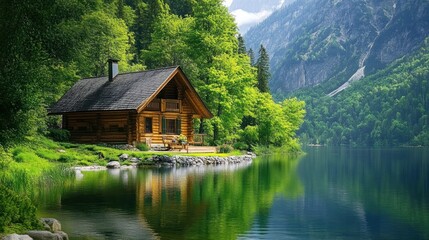Obraz premium Picturesque wooden chalet by a serene lake nestled in a lush green valley, reflecting mountains in calm water.