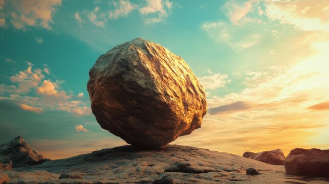 Giant boulder at sunset in desert landscape