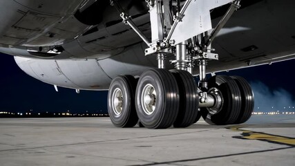 Landing gear of an airplane preparing for departure, showcasing aviation engineering, transportation mechanics, and airport runway environment