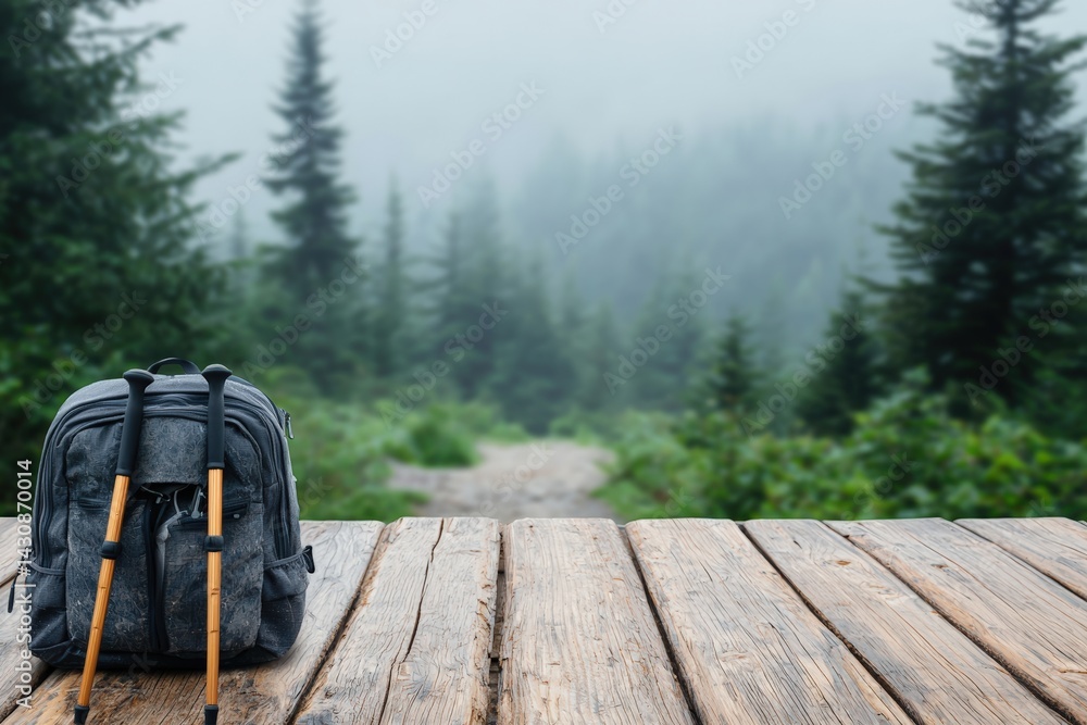 Poster backpack and trekking poles resting on rustic table overlooking misty forest trail