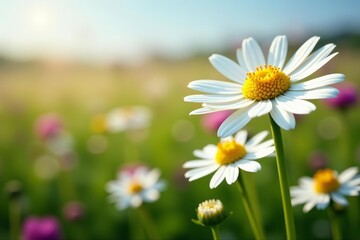 Fototapeta premium Close up of camomile and ox eye daisy field in full bloom, landscape, plants
