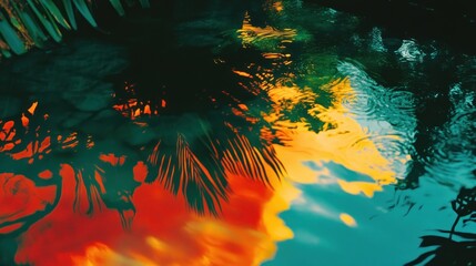 Vibrant reflections of tropical foliage in still water.