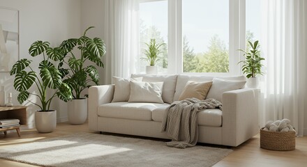 Living Room Interior with Sofa, Plants, and Natural Light