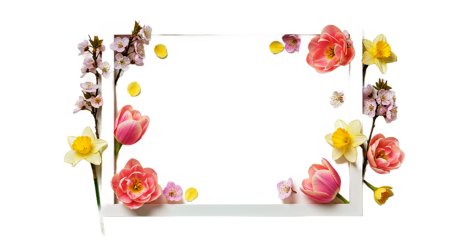 Minimal Spring Floral Layout White Frame Background PNG Creative Flat Lay Flowers Border Template Concept