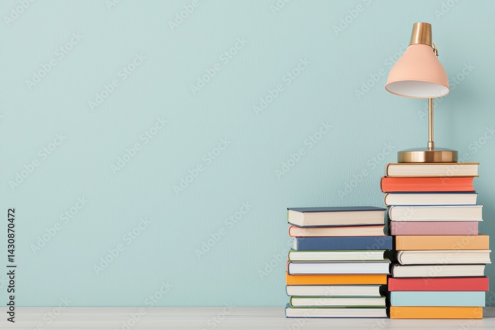 Poster Stack of colorful books and stylish lamp illuminating minimalist scene