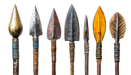 An array of diverse spears arrow heads and other sharp metal weapons and tools with historical and decorative design elements