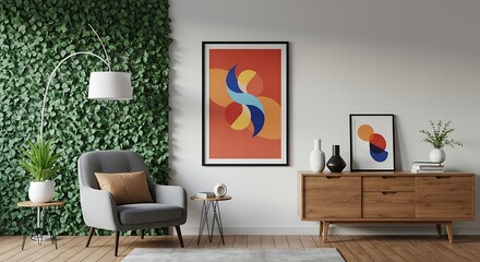 Mid-Century Modern Living Room Decor with Abstract Art Prints and Green Wall