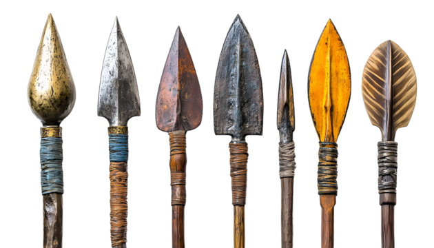 An array of diverse spears arrow heads and other sharp metal weapons and tools with historical and decorative design elements