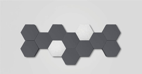 Create a vector illustration depicting a cluster of hexagonal tiles arranged on a flat surface. The tiles are in two colors: dark grey and light grey. The majority of the tiles are dark grey, interspe