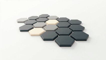 Create a stylized vector illustration featuring a cluster of intricately arranged hexagonal tiles laid out on a smooth, flat surface, with a subtle gradient effect to convey a sense of depth. The tile