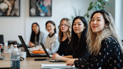 A diverse group of young professionals engages in a discussion around a wooden table in a modern office space