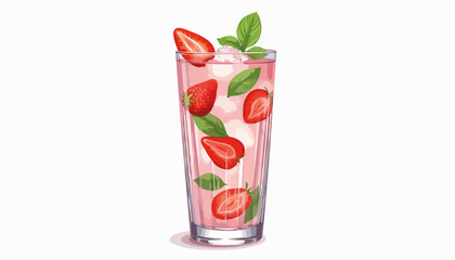 Refreshing strawberry basil drink in clear glass, summer hydration