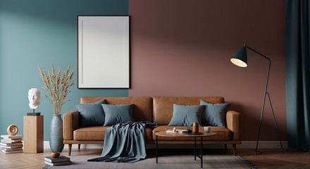 Modern Living Room Interior Design Teal, Brown, and Beige Color Palette with Leather Sofa and Stylish Decor