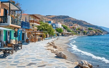 Fototapeta premium Coastal village scene with colorful buildings, beach, and mountains