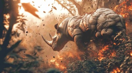 A massive, armored war rhino charging through a dense jungle, trees crashing around it as it veers sharply to avoid an incoming ambush 