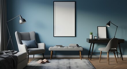 Serene Home Office Design  Elegant Blue Walls, Modern Furniture, and Cozy Atmosphere