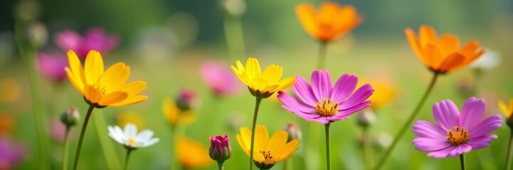 Close-up of colorful wildflowers in meadow with blurred background, colorful, summer