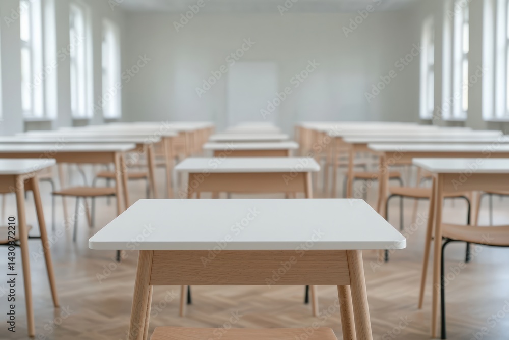Poster Empty classroom with focus on desk: ready for exam preparation