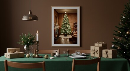 Cozy Christmas Eve Dinner Table Setting with Framed Photograph of Christmas Tree