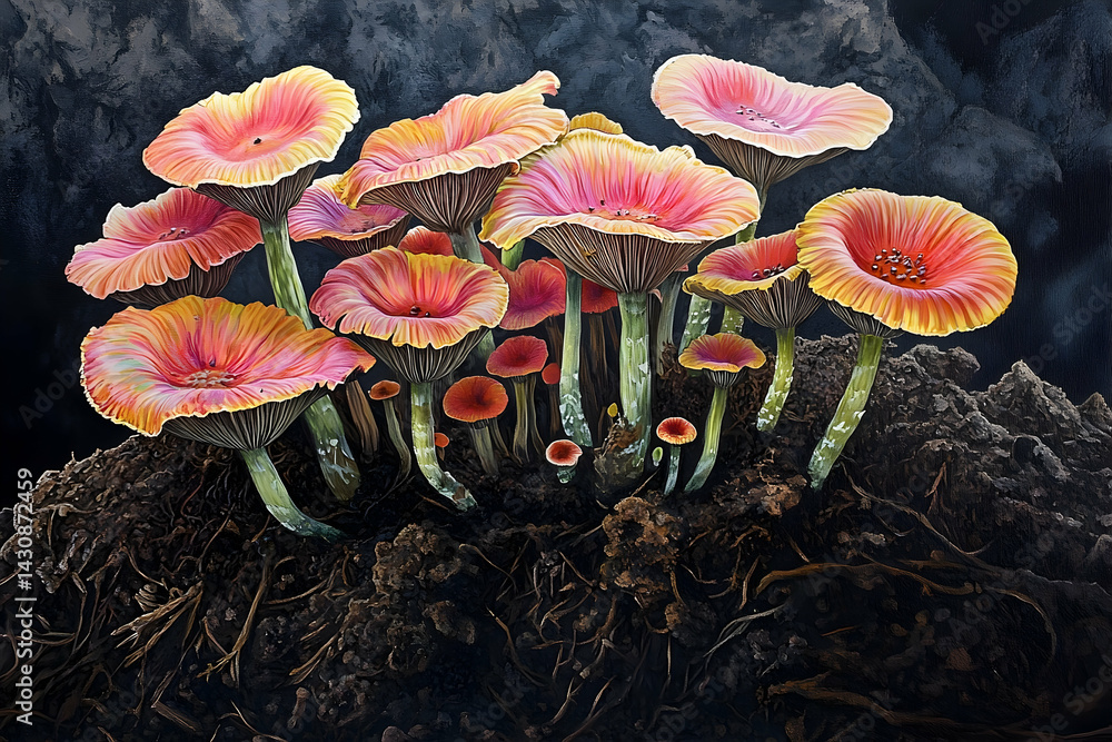 Poster vibrant cluster of fungi, displaying an array of coral and golden hues.