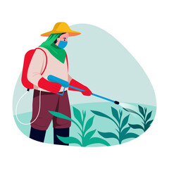 A character doing pest control spray in fields, flat illustration