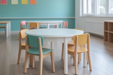Empty kindergarten classroom with colorful chairs and table promoting early childhood education