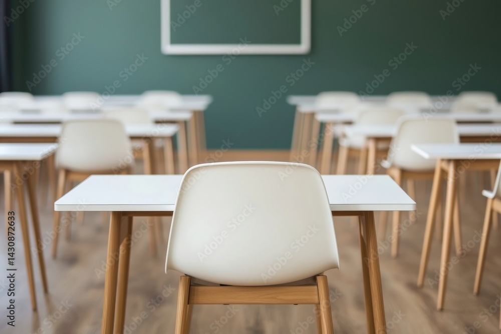 Poster Empty classroom with white tables and chairs awaiting students for exam