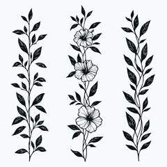 Hand drawn wild flowers Botanical drawing. Simple line art frieze, stems illustration. Black and White Meadow herbs. Stylized blooming twigs plants. Set of outline doodle floral sketch Leaves border