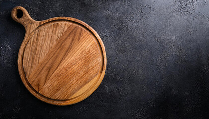 Round wood board resting. Simple kitchen tool for serving. Wooden tray with handle on dark textured surface. Empty space on tabletop. Overhead angle of new clean object.