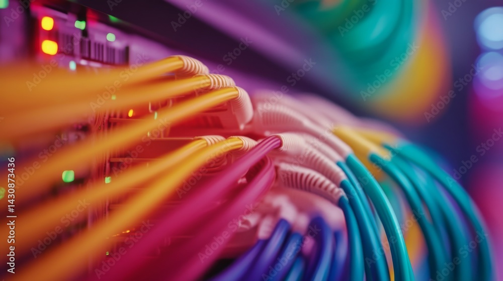 Poster A close-up shows vibrant internet cables plugged into a switch, highlighted by faint glowing indicators in a high-tech quantum computer lab environment