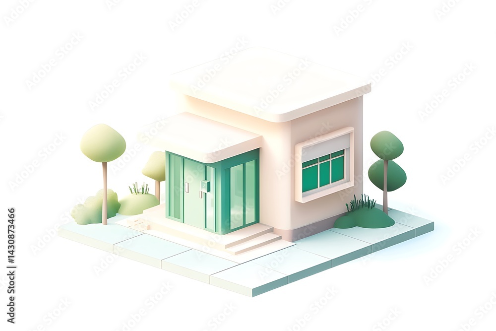 Poster isometric render of a modern green and beige building with trees and greenery