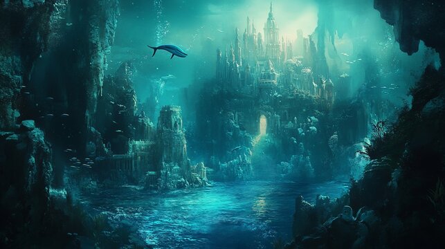 Underwater fantasy city with a dolphin, and luminous glow, captured in aquamarine hues