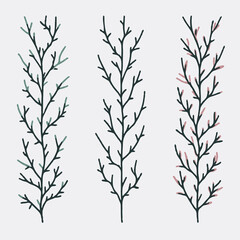 Hand drawn wild flowers Botanical drawing. Simple line art frieze, stems illustration. Black and White Meadow herbs. Stylized blooming twigs plants. Set of outline doodle floral sketch Leaves border