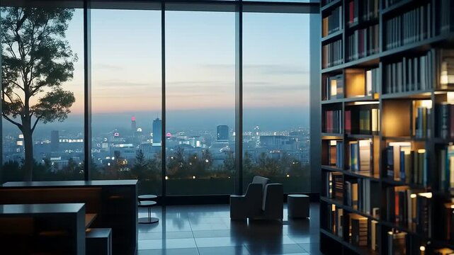 Modern Library Interior with City View at Sunset