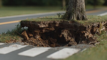 Fototapeta premium Uplifted Tree Roots Reveal Subterranean Cavity at Crosswalk