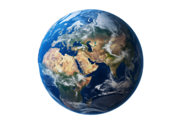 A view of earth from space showing europe africa and asia with cloud cover against transparent background png