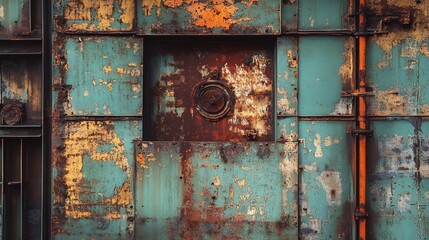 Naklejka premium Rustic Teal and Rust Metal Panel Wall: An Industrial Abstract