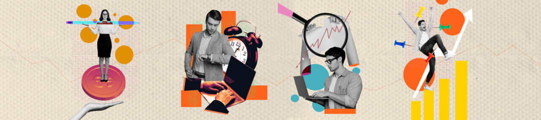 Creative collage depicting modern business themes and graphics with abstract illustrations and...