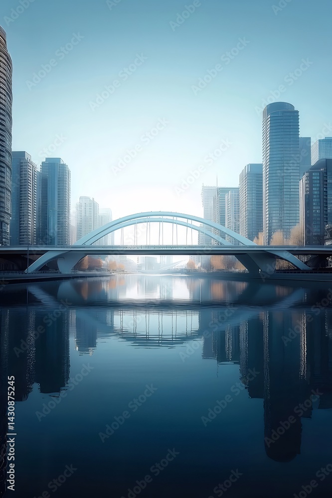 Poster 青い空の下 モダンな橋と高層ビル群が水面に映る都市景観の風景写真