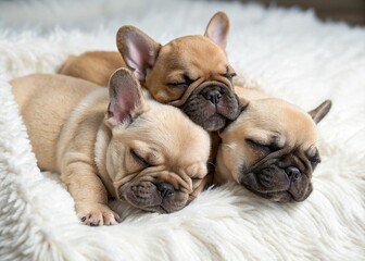Three adorable sleeping French Bulldog puppies