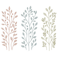 Fototapeta premium Hand drawn wild flowers Botanical drawing. Simple line art frieze, stems illustration. Black and White Meadow herbs. Stylized blooming twigs plants. Set of outline doodle floral sketch Leaves border