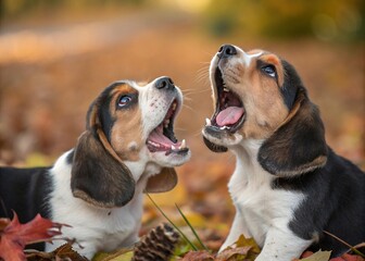 Two Beagle Puppies Howling in Autumn Leaves