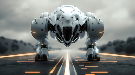 Fototapeta premium Futuristic Robotic Quadruped on an Illuminated Runway