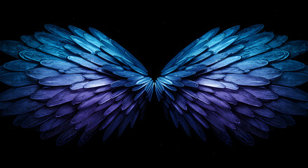 Obraz premium Abstract Blue Violet Feathers Forming Symmetrical Wings On Black Backdrop
