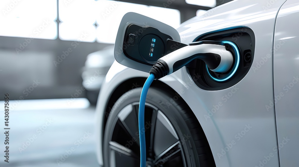 Aufkleber 白く光る電気自動車の充電シーン 青いケーブルとプラグが接続された未来的なエネルギー源